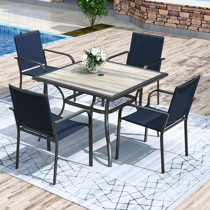 Anmutig 5-Piece Outdoor Patio Dining Set 37 Inch Square Wooden-Like PVC Table with 4 Stackable Chairs for Garden Backyard Blue