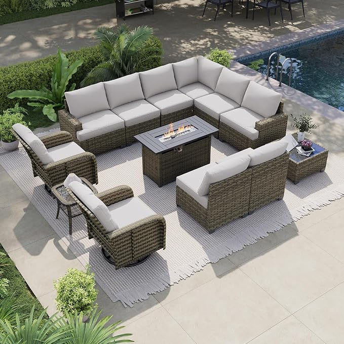 LazySunsets Luxury Patio Furniture Set with Fire Pit Table，All-Weather Patio Sectional Sofas with Thickened Cushions, 13 Piece Outdoor Furniture Sectional Set with Swivel Rocker Chairs of 2，Grey