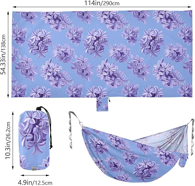 Camping Hammock Outdoor Hammocks for Outside Hyacinth Flowers Purple Beach Trees Portable Lightweight with Pockets Tree Straps Indoor Small