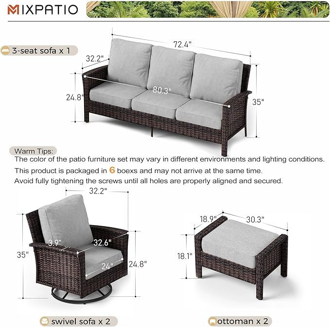 5-Piece Wicker Patio Furniture Set with Swivel Chairs, High Back Outdoor Furniture with 5.5-inch Thick Cushion and Ottoman, All-Weather Wicker Patio Conversation Set for Deck Yard Pool, Grey