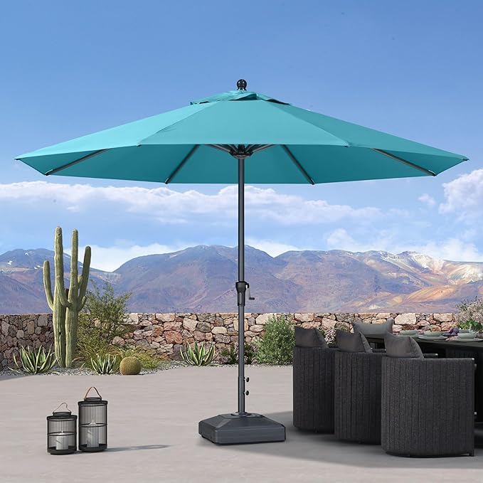 PURPLE LEAF 11' Round Patio Market Umbrella with Base Outdoor Table Umbrellas Aluminum Frame Sun Shade with 8 Sturdy Ribs for Garden Deck Lawn Pool Turquoise Blue