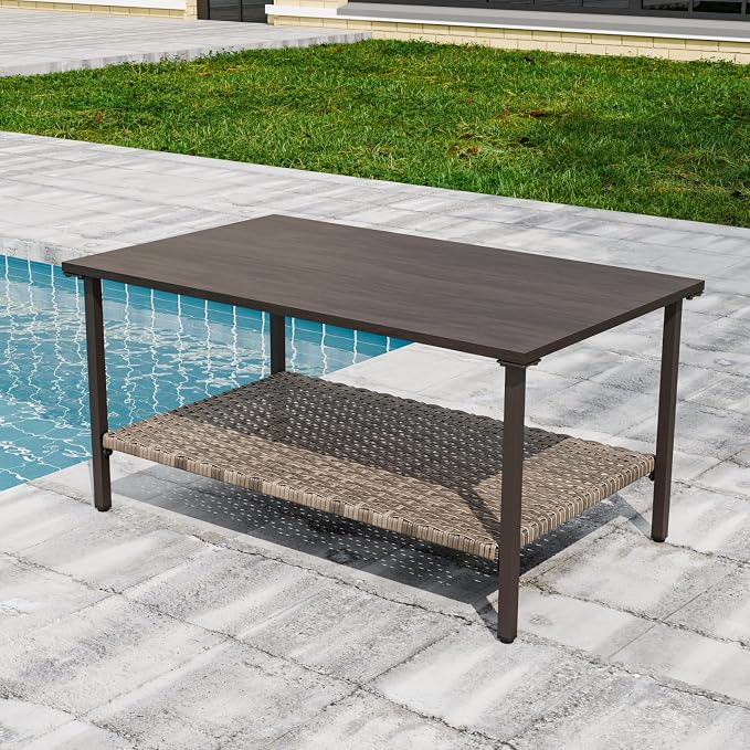 Vista Oasis Outdoor Steel Patio Table, Patio Coffee Table with Lower Storage, Outdoor Furniture for Balcony, Porch and Garden, Wood Grain Top