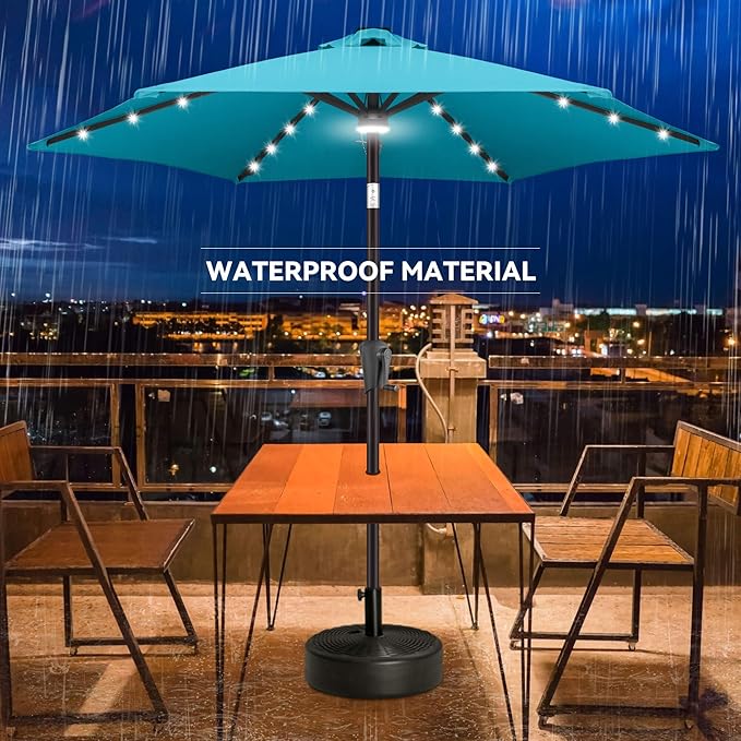 7.5ft Solar Umbrella Outdoor - Lighted Solar Patio Umbrella with 24 LED Lights Waterproof UV Protection, Table Umbrella with Tilt for Pool, Porch, Garden, Deck, Backyard (Aqua Blue)