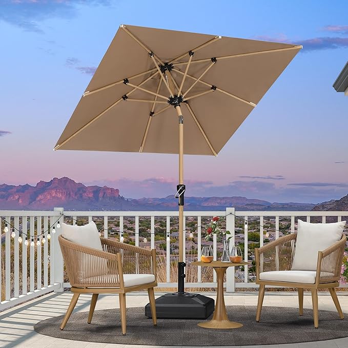 PURPLE LEAF 6' x 6' Patio Umbrella with Base Square Outdoor Table Umbrella Aluminum Market Umbrella with with 8 Sturdy Ribs & Push Button Tilt and Crank Outdoor Umbrellas for Lawn Garden Patio, Taupe