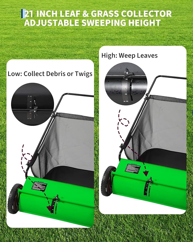 21-Inch Push Lawn Sweeper, 3.5 Cu. Ft. Hopper Capacity Leaf & Grass Collector with 4 Spinning Brushes, Adjustable Height, for Grass Clippings, Leaves & Debris, Green
