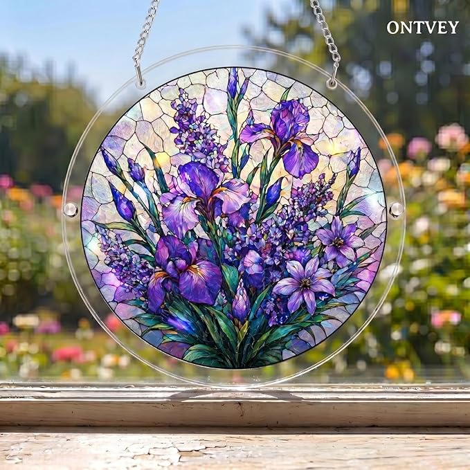 Acrylic Jigsaw Puzzle Suncatcher - Purple Flower Acrylic Puzzle Window Hanging Decor, 83 Irregular Pieces & Hanging Chain - Creative DIY Home Indoor & Garden Decor (7.4 Inch)