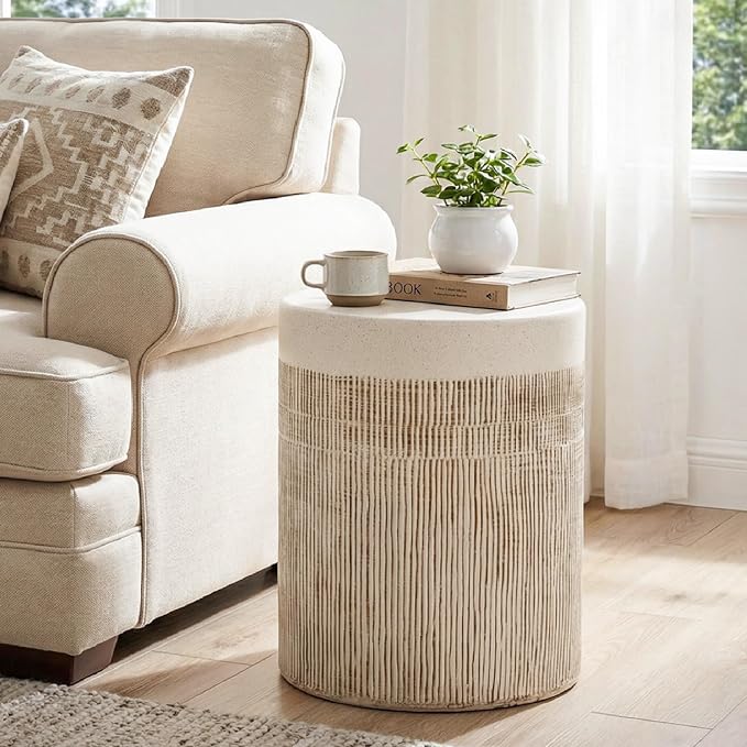 HOMPUS Outdoor Side Table Set of 2, Concrete Side Table w Vertical Thread | Patio Round Accent Coffee Table, Lightweight MgO Garden Tool for Patio, Porch and Deck, Light Beige