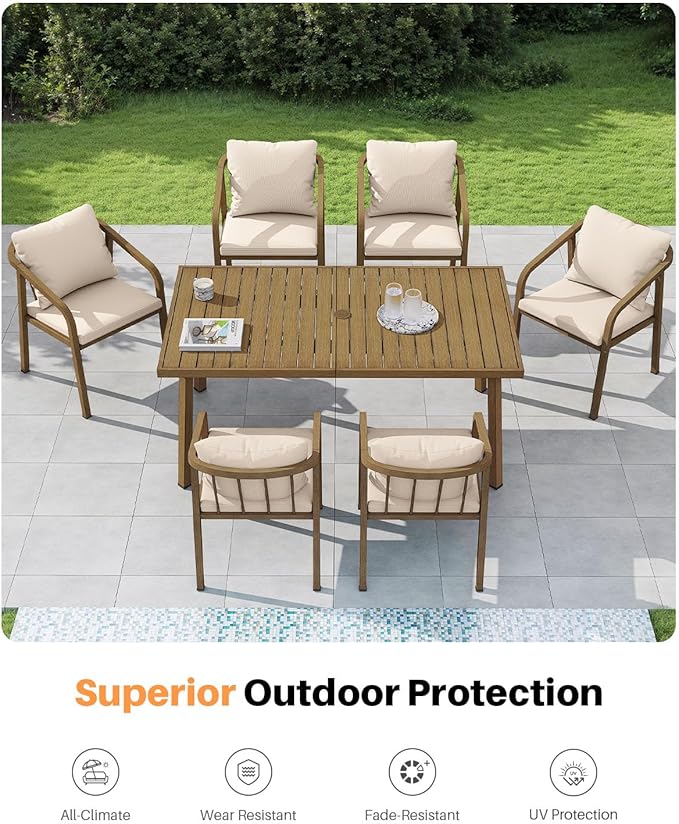 7-Piece Patio Dining Set, Never-Rust Aluminum Outdoor Dining Set for 6, Rectangular Outdoor Table and Chairs Set with Washable Cushions, Patio Furniture Set for Poolside, Deck, Backyard, Teak