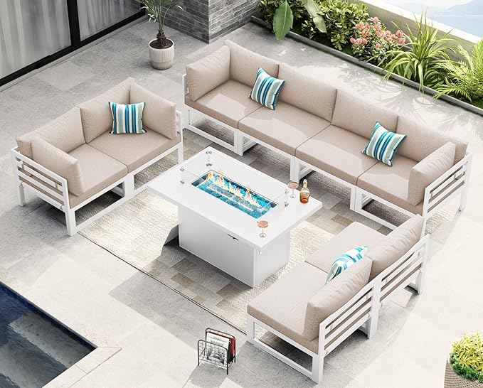 NICESOUL 9 Piece L-Shaped Contemporary Aluminum Outdoor Furniture Set with Firepit, 29" Deep Wide Large Couch Set, 500 lbs High Weight Capacity Modular Patio Sectional Sofa for Garden Terrace, Beige