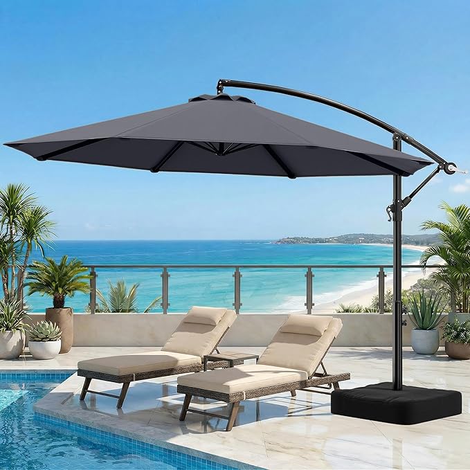 OLILAWN 10ft Patio Umbrella with Base Included, Outdoor Offset Cantilever Umbrella Upgraded Yarn-dyed Fabric Shade, Sturdy 8 Rids, Easy Tilt Adjustment, for Pool Deck Porch Backyard Garden,Charcoal