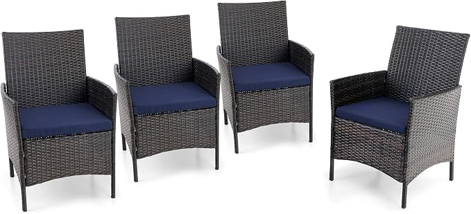 PHI VILLA Wicker Patio Dining Chairs Set of 4 with Removable Cushions | 4 Rattan dining chairs with thick removable seat cushions. Sturdy steel frame, easy assembly.