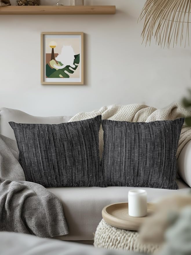 Outdoor Waterproof Throw Pillows 16x16in, Minimalist Obsidian Black Patio Pillows Pack of 2,Decorative Pillow Covers with Insert,Pillow Cushion Case for Garden Couch Sofa Vintage Linen Weave Textured