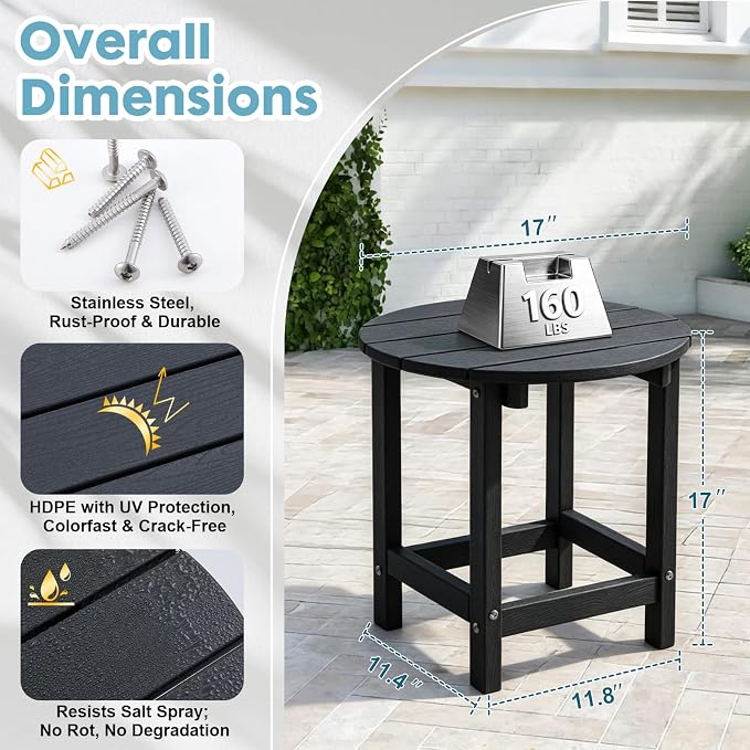 Outdoor Side Table, Adirondack Round 17" Patio Table, Easy Maintenance & Weather Resistant, HDPE End Table for Backyard, Pool, Patio, Porch, Black