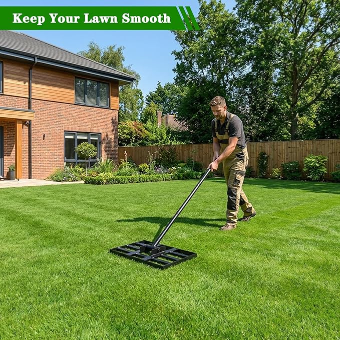 Lawn Leveling Rake 17x10 inch, Heavy Duty Ground Leveler for Soil, Sand, Effortless Smooth Use & Easy Assembly Stainless Steel Landscape Rake for Backyard, Garden, Golf Course, Black