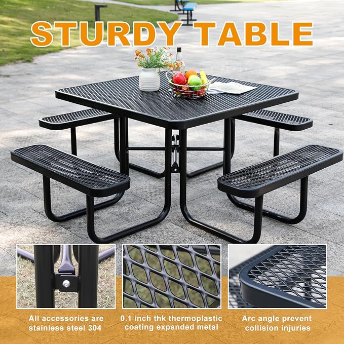 46-Inch Square Metal Outdoor Picnic Table – Commercial Heavy-Duty Steel Dining Table with Thermoplastic Coating, Weather & Rust Resistant, Ideal for Patio, Outside, Garden, Schools (Black)