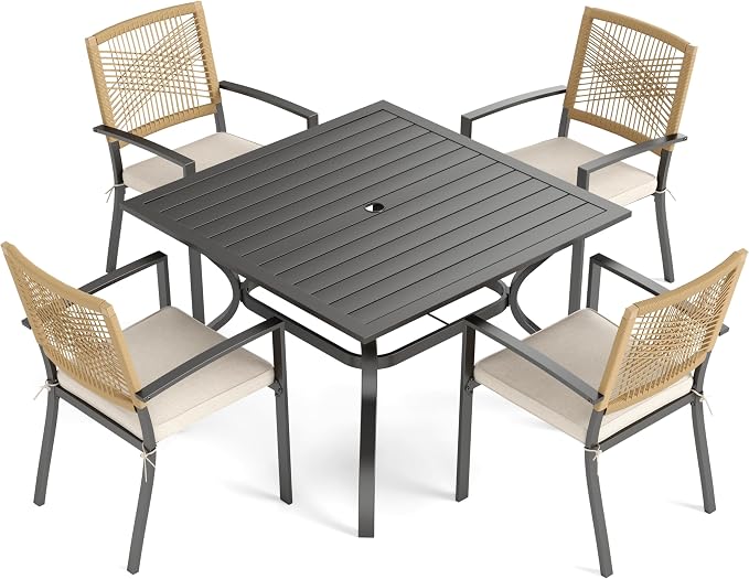 PHI VILLA Outdoor Dining Set for 4, 37" Square Table, Wicker Chairs | 5 Piece Patio Dining Set, Square Patio Dining Table Set with Patio Wicker Chairs for Garden, Porch, Deck