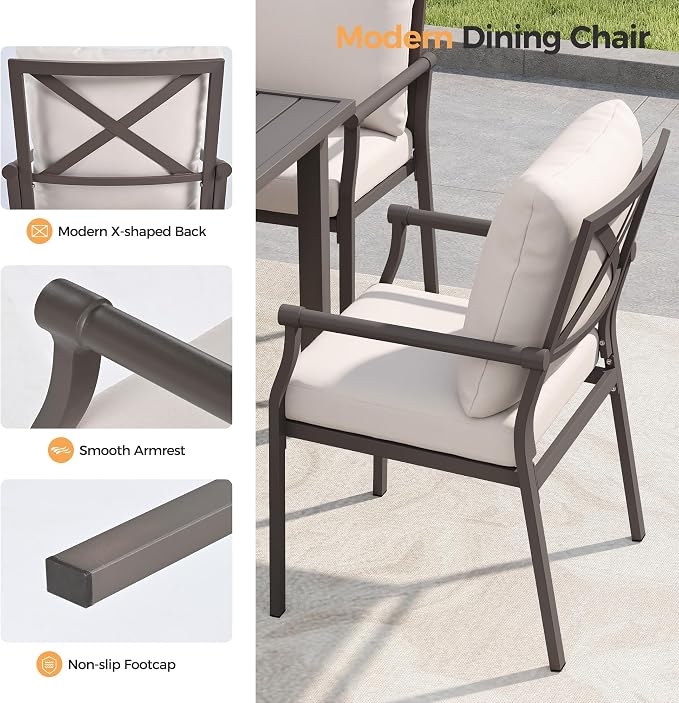 HAPPATIO Patio Dining Set, Powder-Coated Metal Outdoor Table and Chairs Set for 8, 6 Chairs and 2 Swivel Rockers with Thick Cushions, 80" Rectangular Table with 1.5" Umbrella Hole for Deck Yard