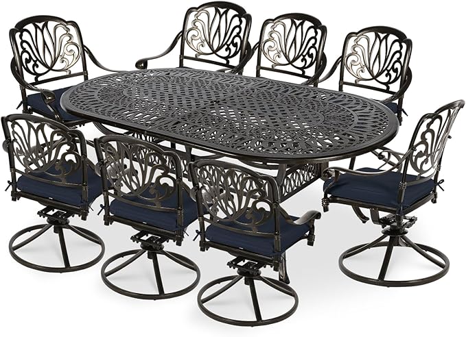 VIVIJASON 9-Piece Patio Furniture Dining Set, All-Weather Cast Aluminum Outdoor Conversation Set, Include 8 Swivel Dining Chairs and an Oval Table with Umbrella Hole, Navy Blue Cushion