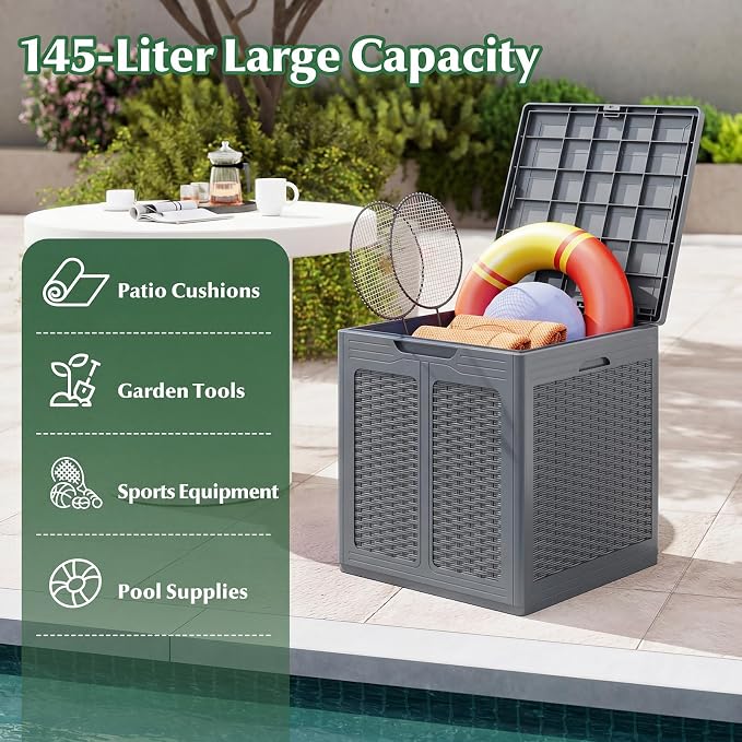 Tangkula 39 Gallon Outdoor Storage Box, Waterproof PP Resin Patio Storage Box with Lockable Lid for Indoor & Outdoor Use, Rattan Design Deck Box for Cushions, Garden Tools