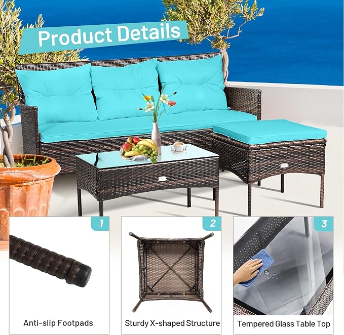 RELAX4LIFE 3 Pieces Patio Furniture Sectional Set, Rattan Wicker Conversation Set W/5 Cozy Seat & Back Cushions, Tempered Glass Coffee Table for Poolside, Backyard Outdoor Furniture (Turquoise)