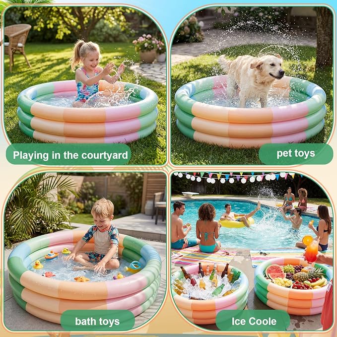 VioraWhite 4 Pack Inflatable Kiddie Pool for Toddlers 34"x10" Morandi Blow Up Kids Swimming Pool Small 3 Rings Round Baby Pools for Indoor Outdoor Water Game Play Center