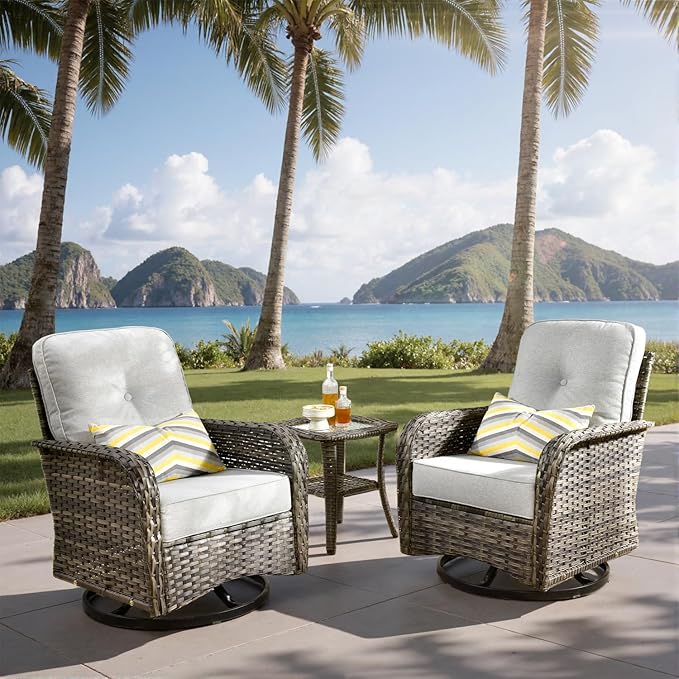 3-Piece Outdoor Patio Furniture Set with Swivel Chairs, Outdoor Conversation Wicker Sofa with Coffee Table, Rattan Couch for Deck Yard Poolside, Grey