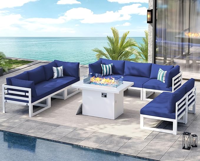 NICESOUL 9 Piece Modern Aluminum Patio Furniture Set with Fire Pit Table, 500 lbs Heavy Duty Outdoor Sectional Sofa, 29" Deep Wide Oversized Seating Conversation Couch for Garden Exterior, Navy Blue