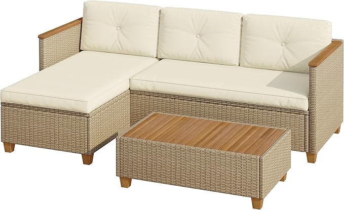Patio Furniture Set Small Rattan Conversation Set, 3 Piece Wicker Outdoor Sectional Chaise Longue with Acacia Wood Coffee Table,L-Shaped Sofa Couch for Deck Garden Balcony, Beige
