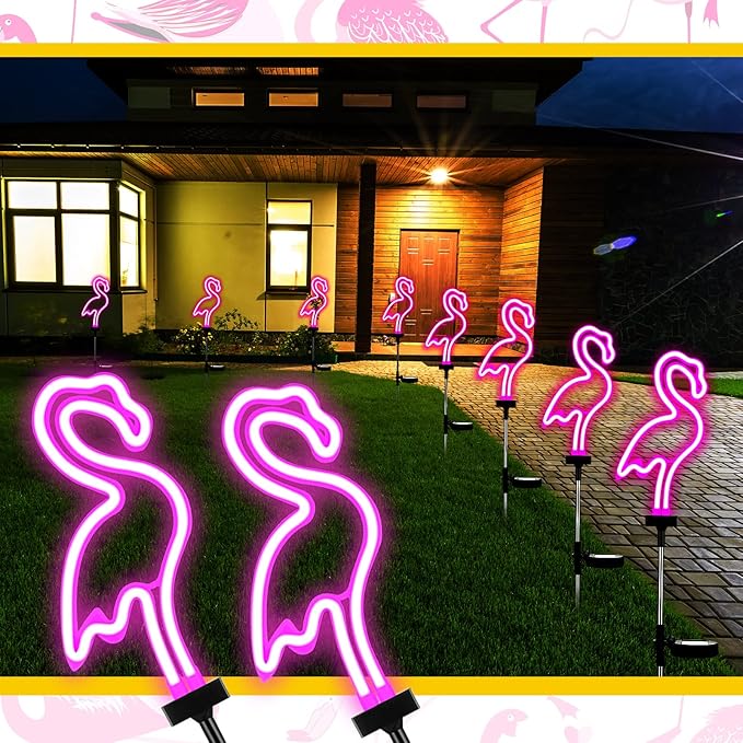 Flamingo Solar Lights Outdoor Neon Light Yard Pink Flamingo Waterproof Decorations for Garden Patio Yard Pathway Decoration(4 Pack)