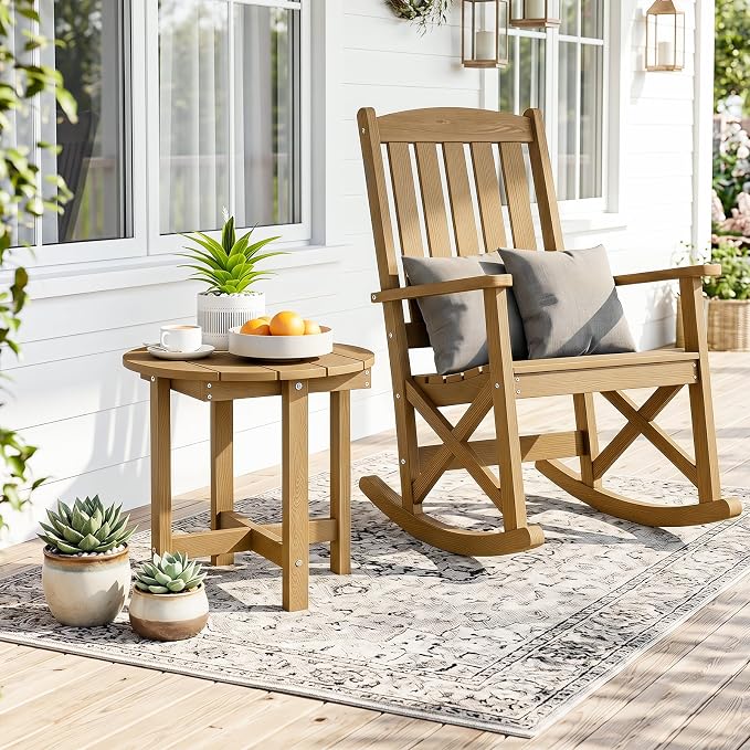 Tangkula Round Outdoor Side Table Set of 2, Adirondack Side Table with Weather-Resistant, Waterproof Top, Small Outside End Table for Patio Deck Pool Porch, Easy Maintenance (Brown,2)