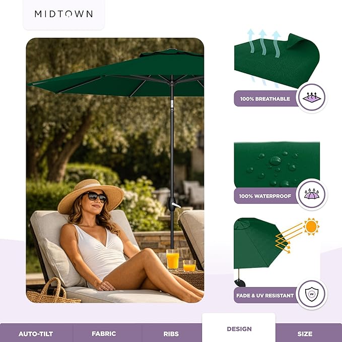 Midtown Umbrellas - The Lean 9 Ft Patio Umbrella with Fade-Resistant Sunbrella Fabric, Auto-Tilt Aluminum Frame and 8 Reinforced Ribs for Deck, Pool & Garden - Forest Green Canopy, Black Pole