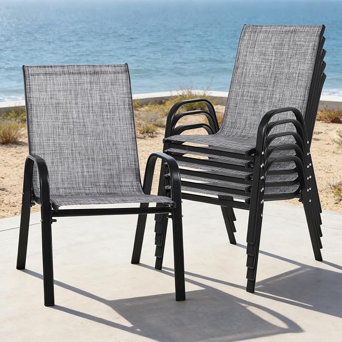 24.4" Wide Outdoor Stackable Chairs Set of 6, Stacking Patio Chairs with Textilene Fabric, Outside Furniture for Garden Backyard Balconie Poolside Deck, Grey