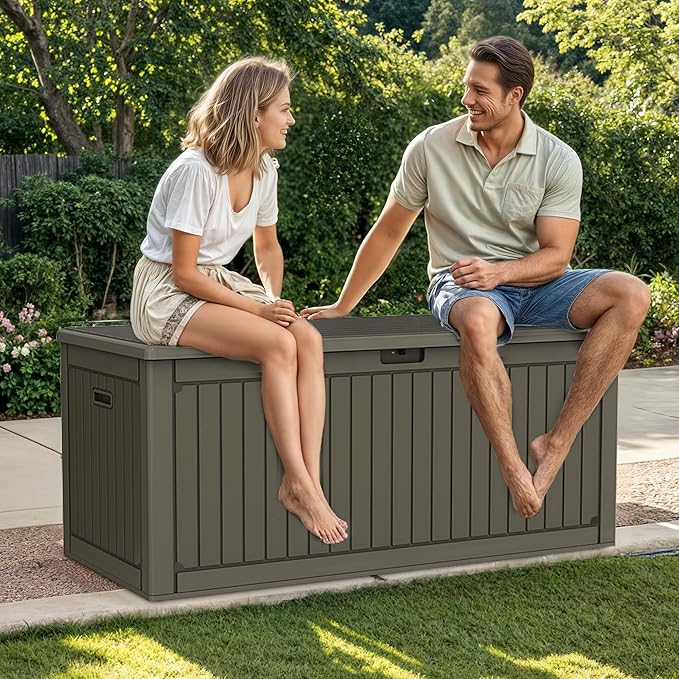 DWVO 320 Gallon Resin Outdoor Storage Box, XXL Double-Wall Waterproof Deck Box with Divider, Doubles as Table or Seating with 1000 lbs Capacity, Lockable (Light Brown)