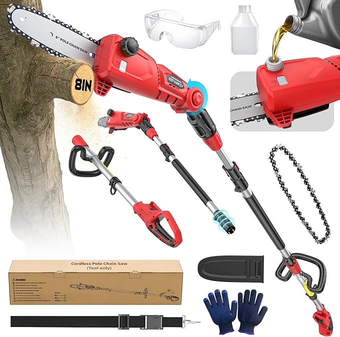 Ecarke Electric Pole Saw Compatible with Milwaukee 18V, 8 Inch Tree Trimmer Cutter, 16FT Max Total Reach, Cordless Chainsaw, 26ft/s Cutting Speed Pruner for Tree Trimming, Branch Pruning (Tool Only)