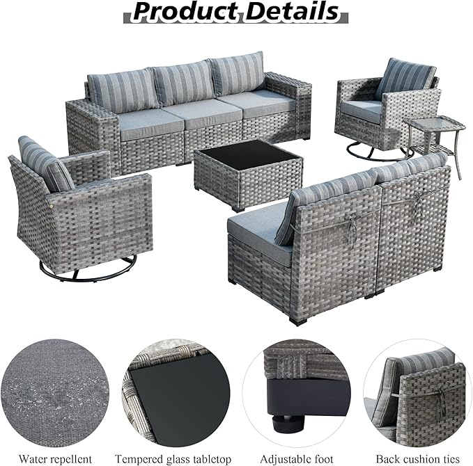 HOOOWOOO Outdoor Patio Sectional Furniture Sofa Set with Fire Pit Table,10 Piece Modern Wicker Couch with Swivel Chairs,Modular Conversation Seating Set with Widened Armrest for Garden(Grey Strips)