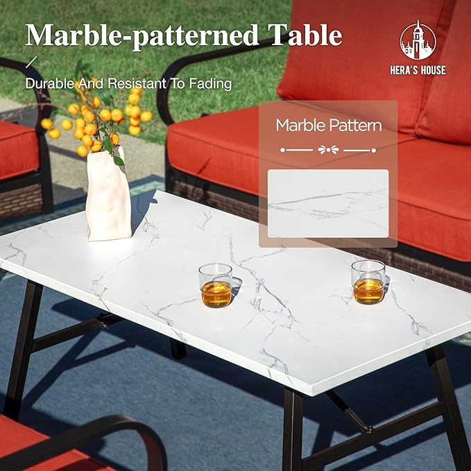HERA'S HOUSE 5 Piece Metal Patio Furniture Set, 7 Seats All Weather Outdoor Conversation Set, 3 Seat Sofa with Loveseat, 2 Swivel Chairs, Coffee Table for Backyard, Garden, Deck, Red