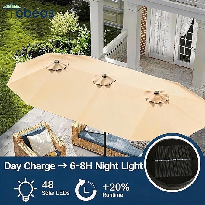 15ft Large Patio Umbrella with Solar Lights and Base, Double-Sided Outdoor Rectangle Umbrella with 48 LED Lights, Market Table Umbrellas with UV Resistant Canopy