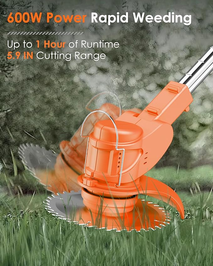 21V Cordless Weed Wacker, 2-in-1 Electric Weed Eater Battery Powered with Wheel and Blade, Stringless Grass Trimmer for Garden Yard, 90° Collapsible