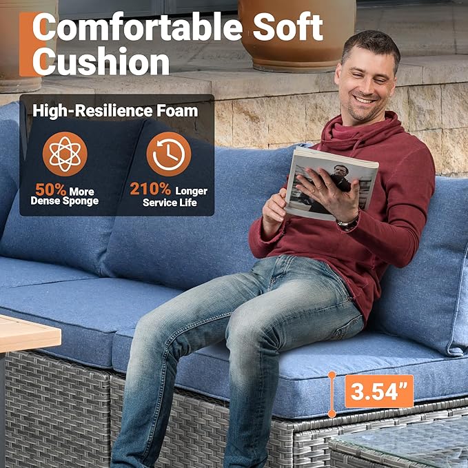 ovios 11 Piece Outdoor Patio Furniture Set with Fire Pit Table,Conversation Sectional Wicker Couch with Swivel Chairs,Modern Outside Sofa for Balcony Backyard, Blue