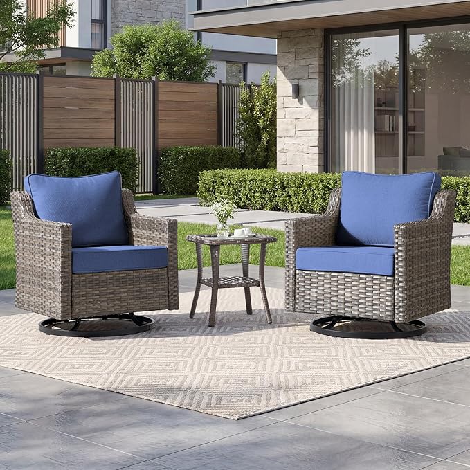 Luxury Patio Furniture sofa Set - 3 Pieces All Weather Wicker Outdoor Couch and High Back Swivel Rocker Patio Chairs with Glass coffee table for Deck Yard and Poolside Gray Wicker | Blue Cushions