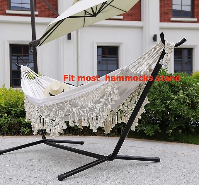 Outdoor Hammock Garden Cotton Hammock Macrame Fringe Hammocks Boho Balcony Hammocks with Handmade Tassels 2 Person Double Hamock 480lbs for Home,Backyard,Beach,Patio