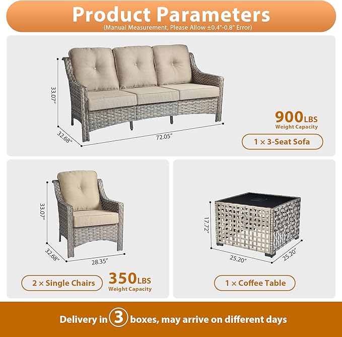 Outdoor Patio Furniture Sets, 4 PCS Patio Conversation Set Outside Rattan Sofa with Solar Light Coffee Table Comfy Cushions Fit Backyard Porch Garden Poolside Balcony,Beige