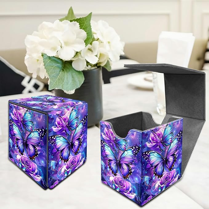 Deck Box for MTG, Cards Storage Box Fits 120+ Sleeved, Leather Medium Size Strong Magnetic Closing Card Case for Board Games Magic TCG CCG Baseball Collection, Purple Butterfly Flower