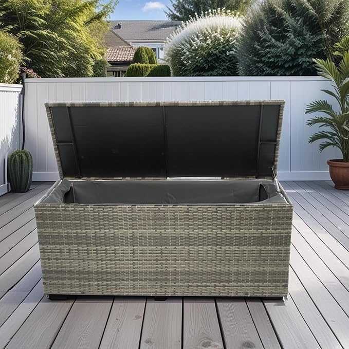 Outdoor Storage Box, 113 Gallon Wicker Patio Deck Boxes with Lid, Outdoor Cushion Storage forToys, Pillows, Towel Grey Wicker