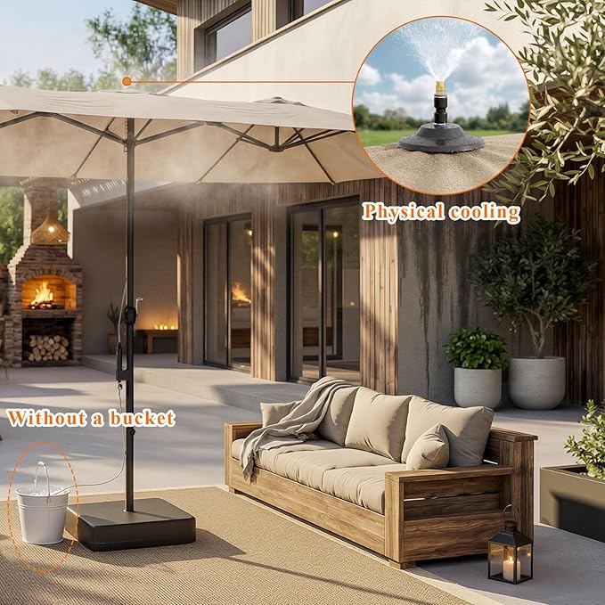 15 FT Patented Misting Patio Umbrella with Base, Outdoor Umbrella with Built-in Rechargeable Mist System