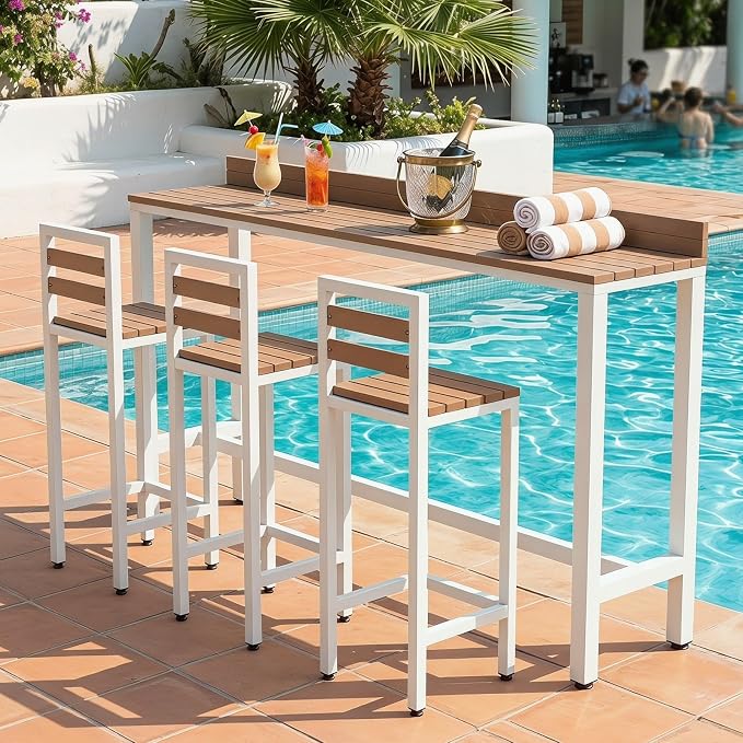 Outdoor Patio Bar Height Table with Baffle, Weather Resistant High Counter Table Porch Pub Tables Wood-Plastic Tabletop, for Poolside Garden Balcony Restaurant Cafe(White,47.2"x15.7"x40.5")