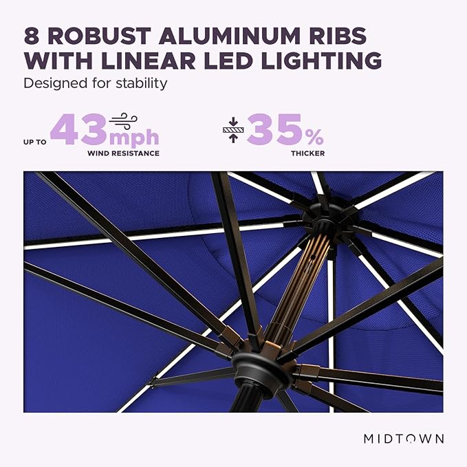 Midtown Umbrellas The LED Swilt 8 Feet Patio Umbrella With Terylast Midnight (Royal Blue) Polyester Fabric - Auto-Tilt Aluminum Frame With LED Lights For Backyard, Deck, Garden, Pool - Black Pole