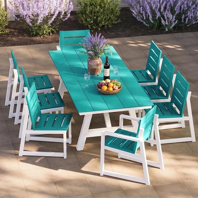 Costaelm Rectangle Patio Table, 8-Person Backyard Table 90" HDPE Dining Table with Umbrella Hole and Metal Frame for Outside, Garden, Poolside, Deck, Porch, Balcony, Turquoise
