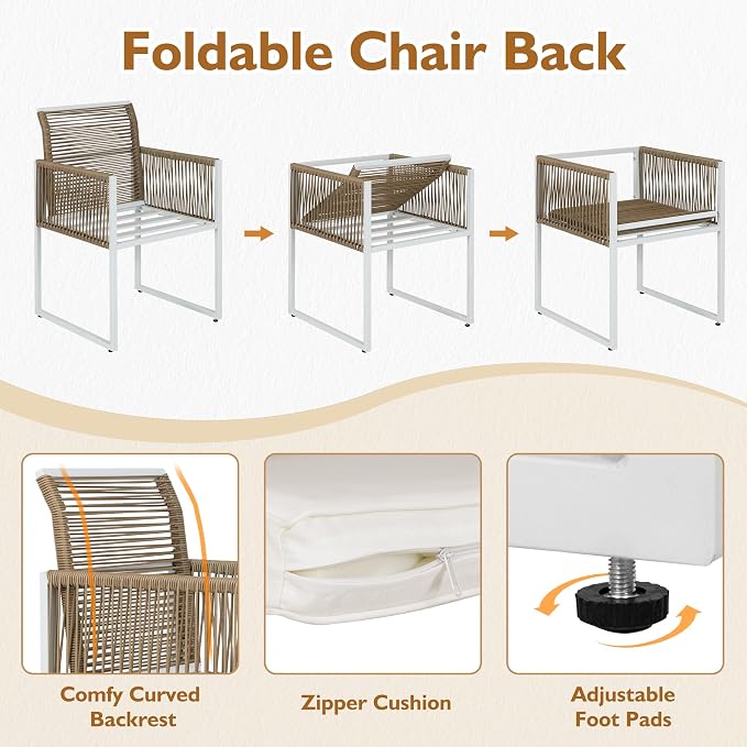 3PC Wicker Patio Dining Bistro Set for 2, All Weather Outdoor Use | Foldable Backrest, Cozy Cushions & Glass Tabletop, Space-Saving, Small Patio Set for Backyard, Balcony, Poolside, Natural