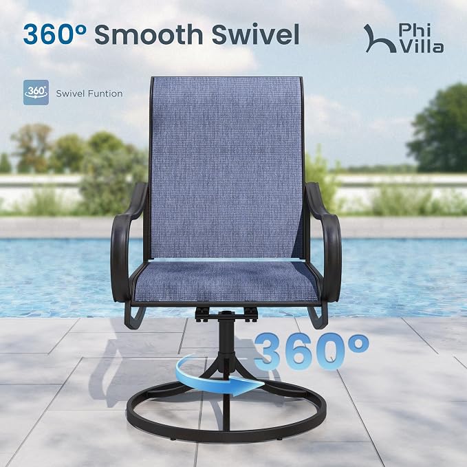 PHI VILLA 5 Pcs Patio Dining Set for 4, Swivel Mesh Chairs, Blue | 4 textilene dining chairs. 37" metal square table with umbrella hole, all weather E-coated metal frame for outdoor deck lawn